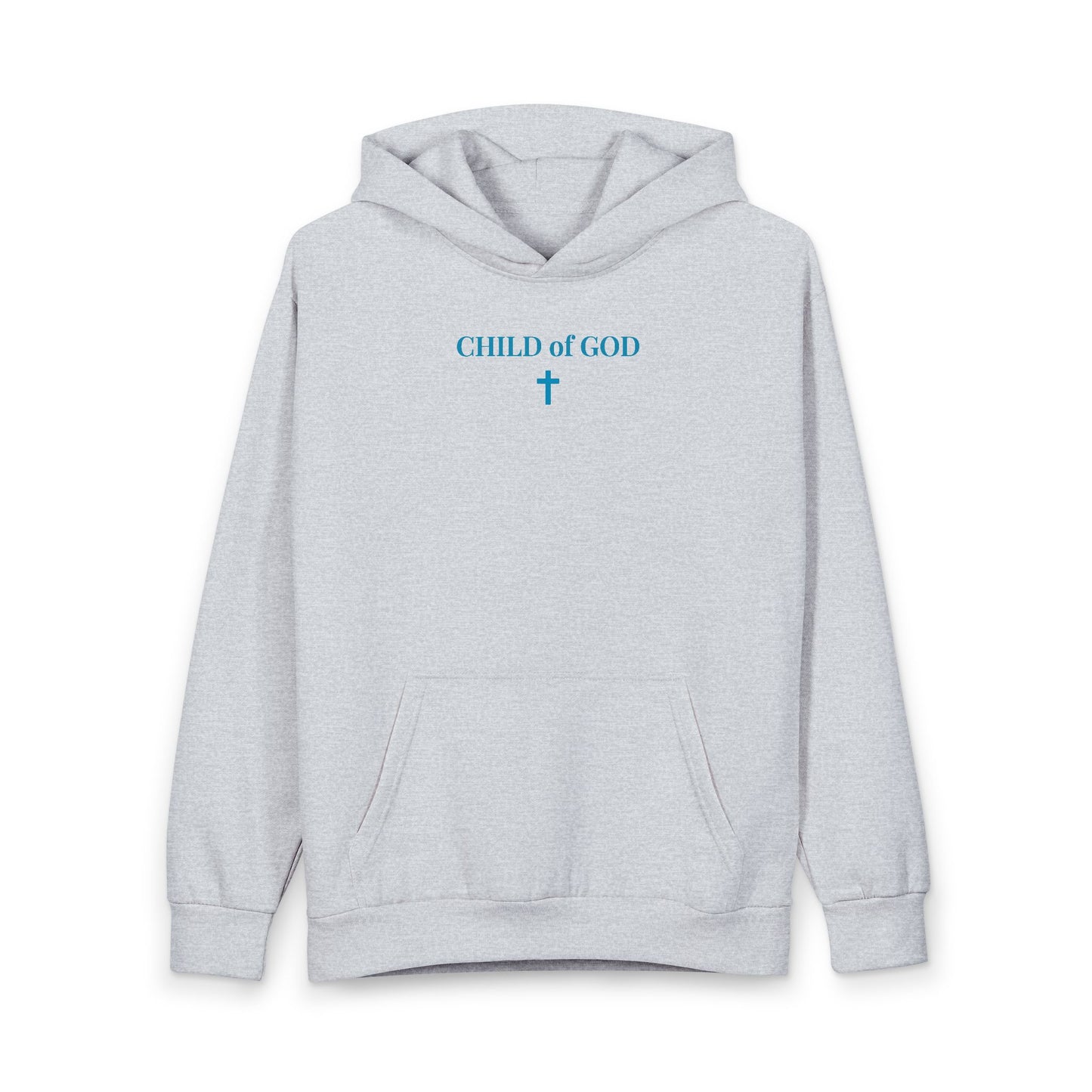 Light gray hoodie with blue text "CHILD of GOD" and a cross graphic on chest