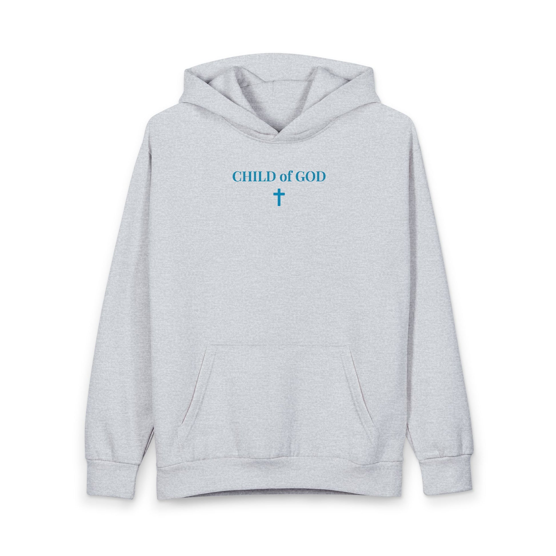 Light gray hoodie with blue text "CHILD of GOD" and a cross graphic on chest