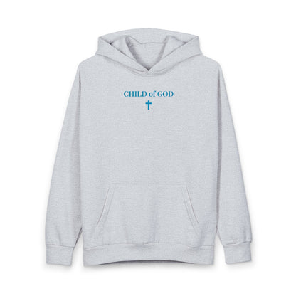 Light gray hoodie with blue text "CHILD of GOD" and a cross graphic on chest