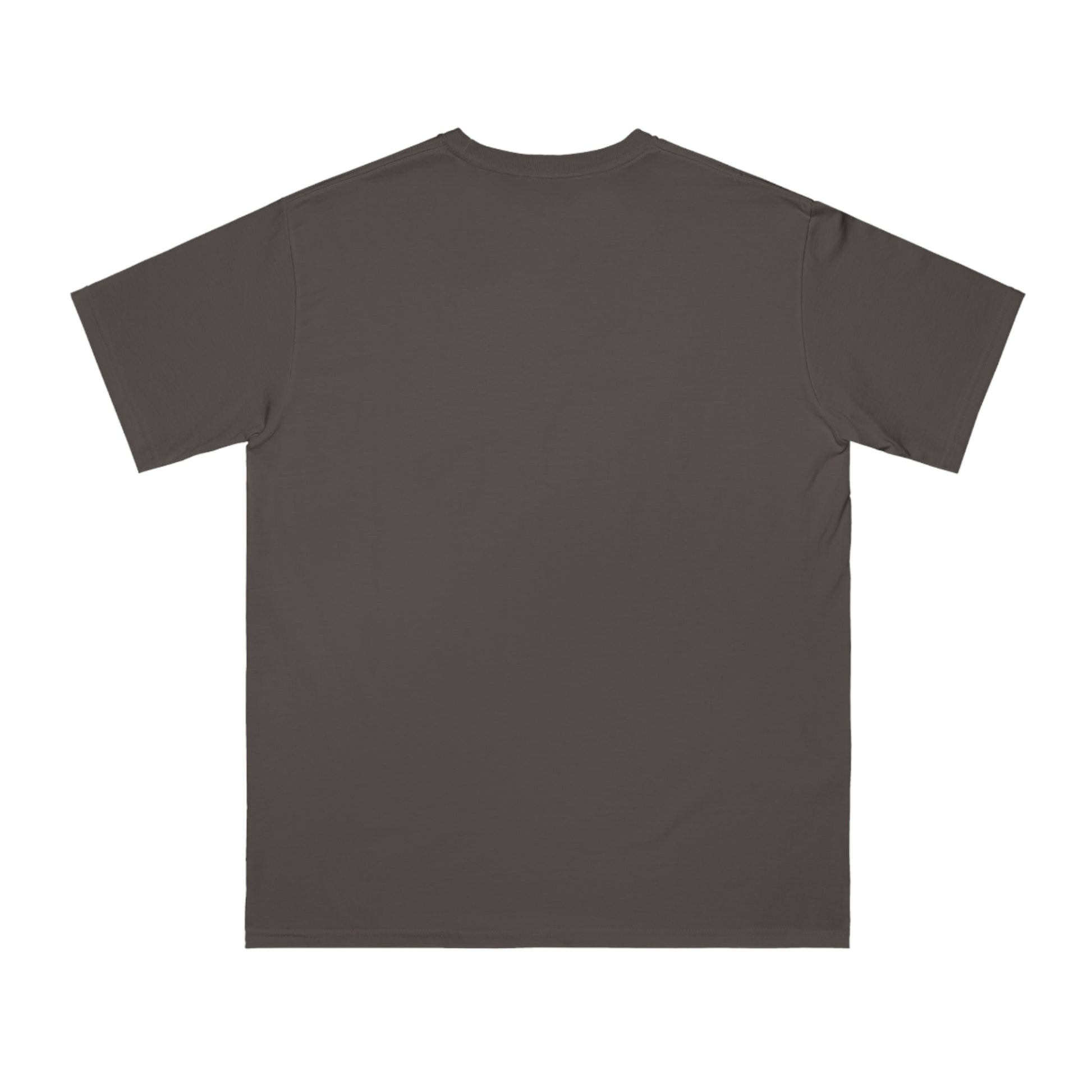 Plain dark gray short-sleeve cotton t-shirt displayed flat from back
