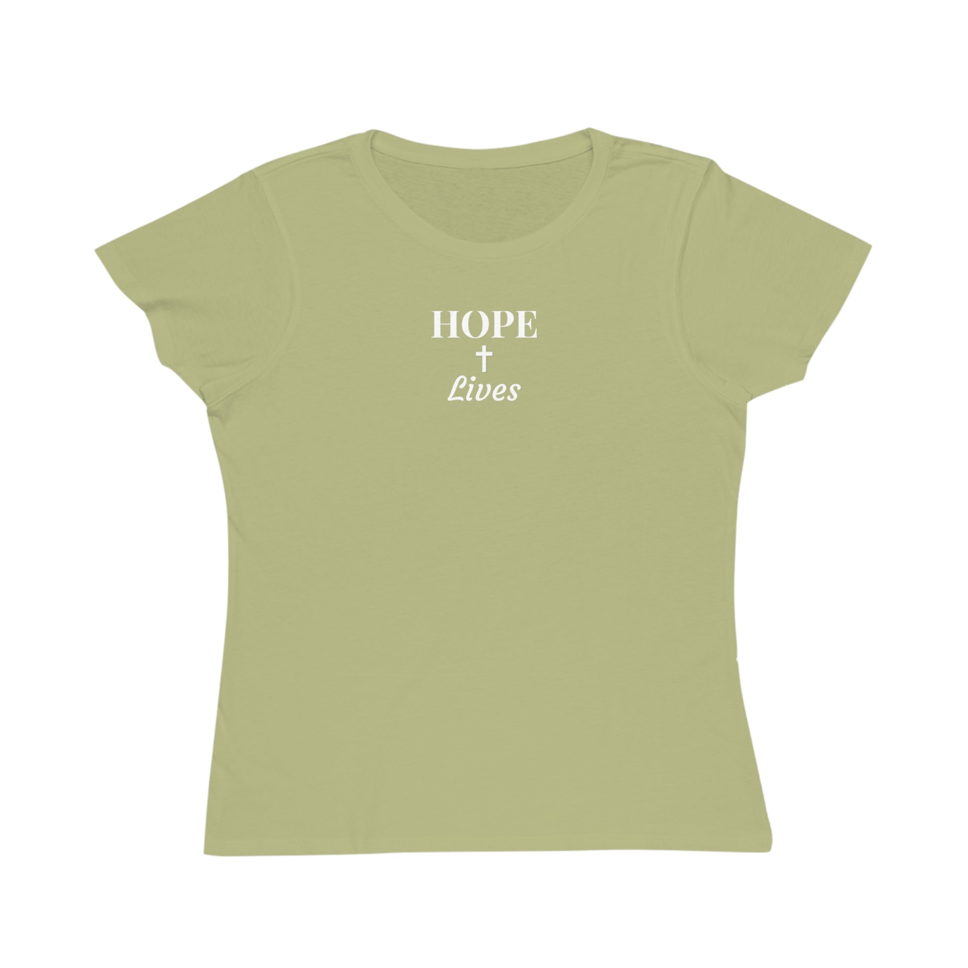 Light olive green women's t-shirt with white text 'HOPE + Lives' and cross design