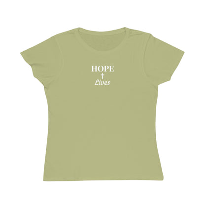Light olive green women's t-shirt with white text 'HOPE + Lives' and cross design