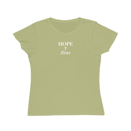 Light olive green women's t-shirt with white text 'HOPE + Lives' and cross design