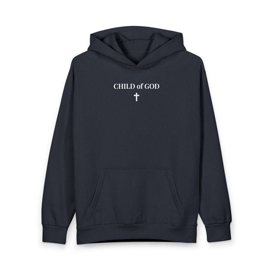 navy blue hoodie with white text CHILD of GOD and a cross graphic on chest