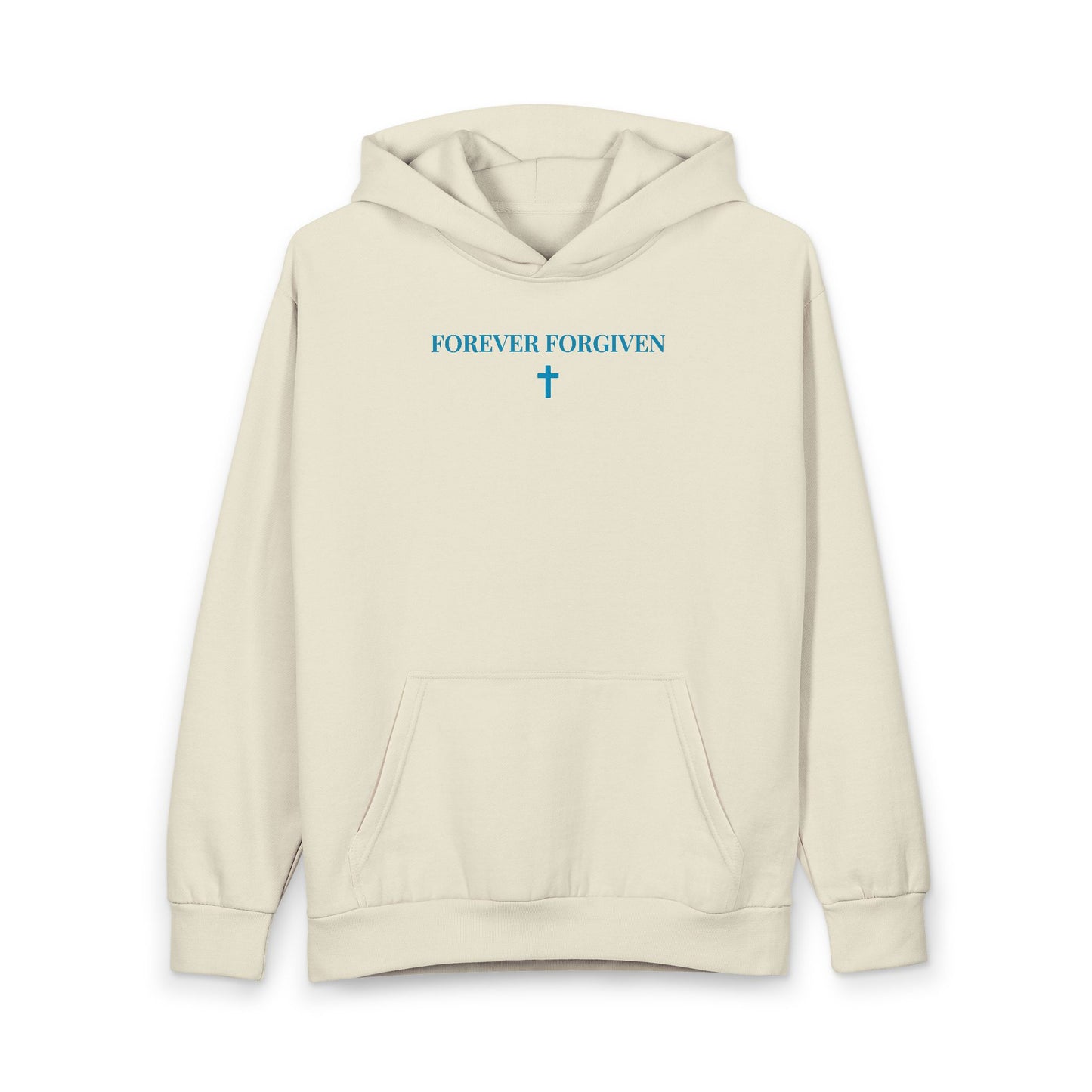 Beige hoodie with front pocket, blue text 'FOREVER FORGIVEN' and cross graphic