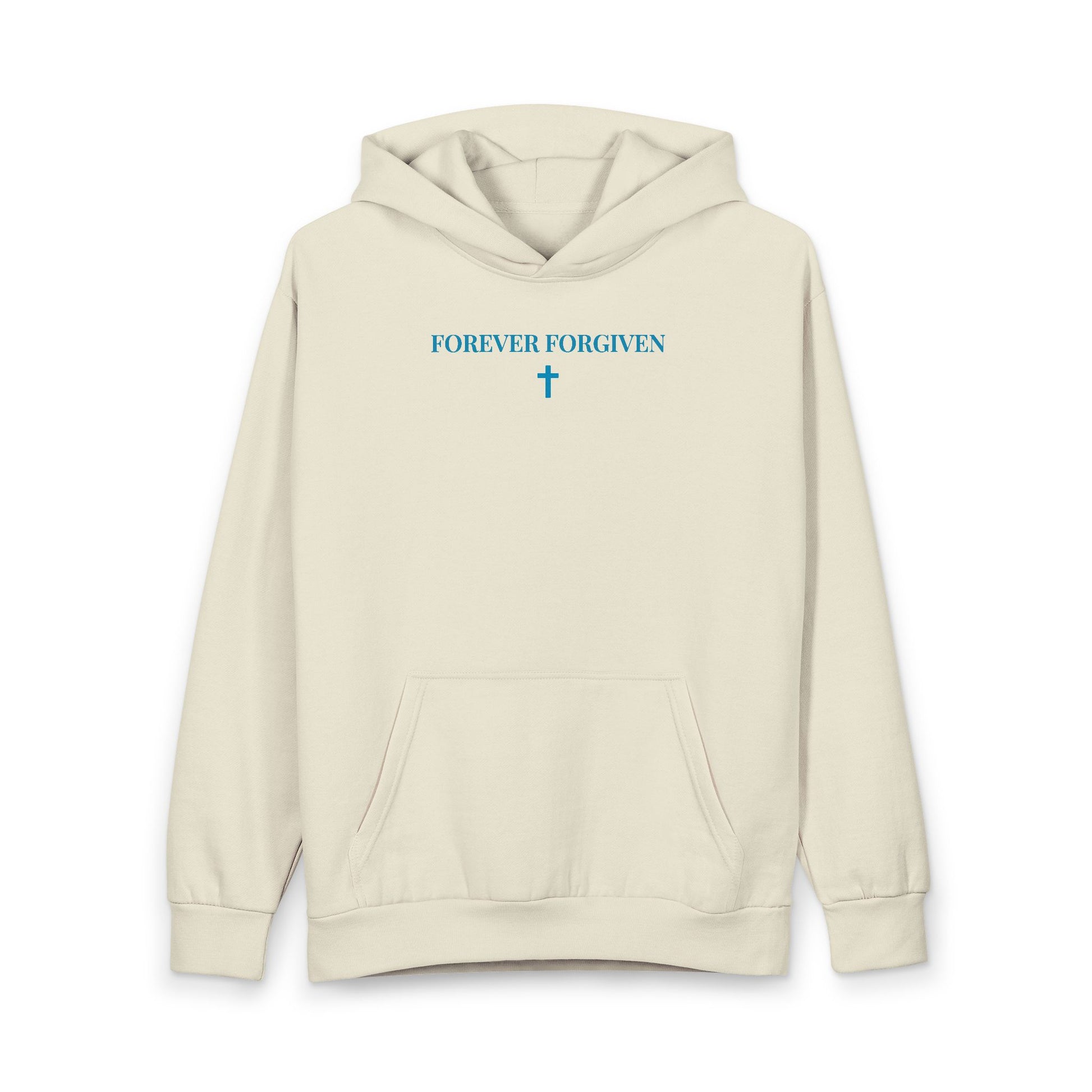 Beige hoodie with front pocket, blue text 'FOREVER FORGIVEN' and cross graphic