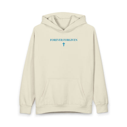 Beige hoodie with front pocket, blue text 'FOREVER FORGIVEN' and cross graphic