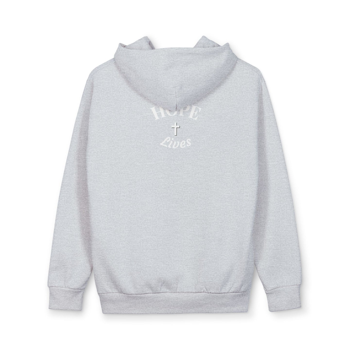 Light grey hoodie with a white cross and text 'Hope Lives' printed on the back