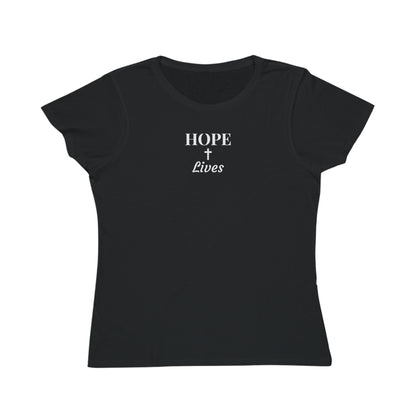 Black women's t-shirt with white text reading 'HOPE + Lives' and a small cross design