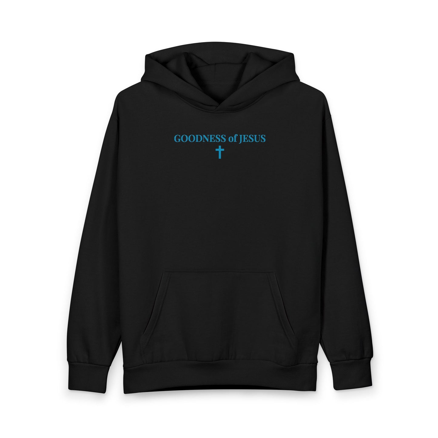 Black hoodie with blue text GOODNESS of JESUS and cross graphic on chest