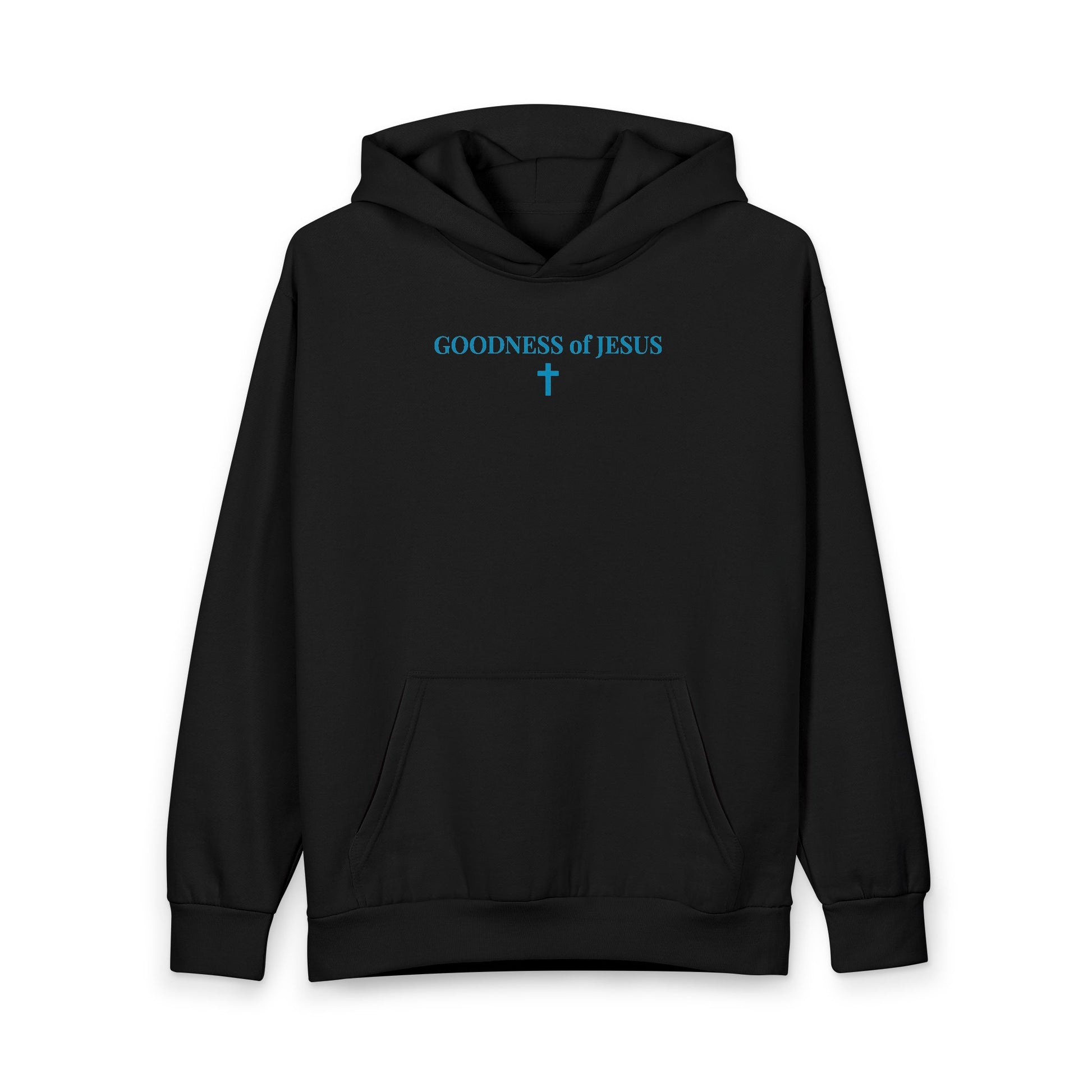 Black hoodie with blue text GOODNESS of JESUS and cross graphic on chest