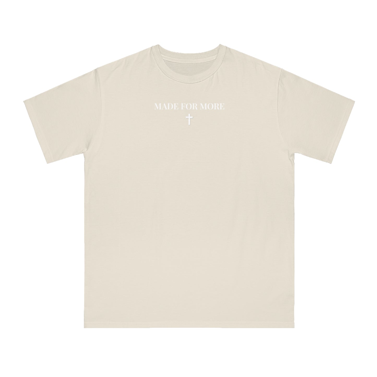 Beige t-shirt with white text 'MADE FOR MORE' and cross symbol, minimalist Christian apparel