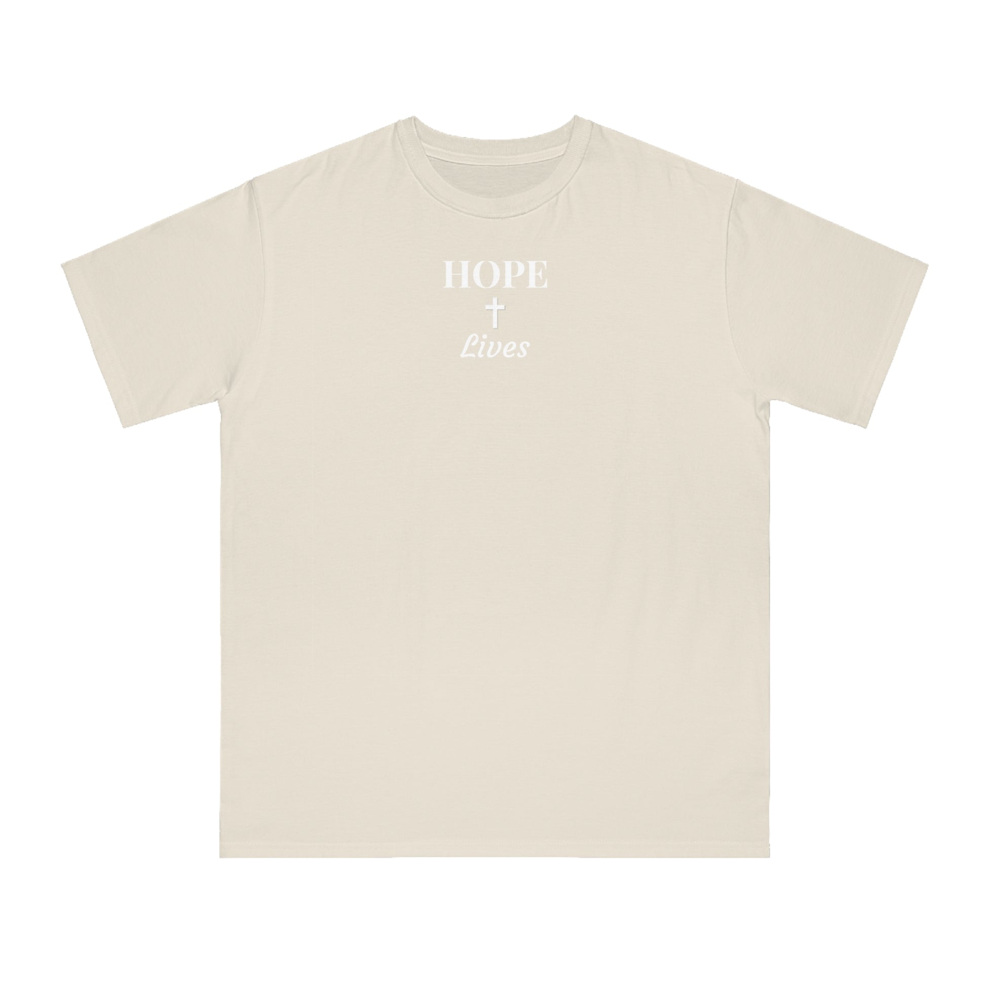Beige T-shirt with white text and cross reading 'HOPE + Lives' on front center