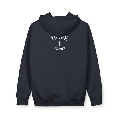 Black hoodie with white "HOPE Lives" and cross graphic on back, casual religious apparel